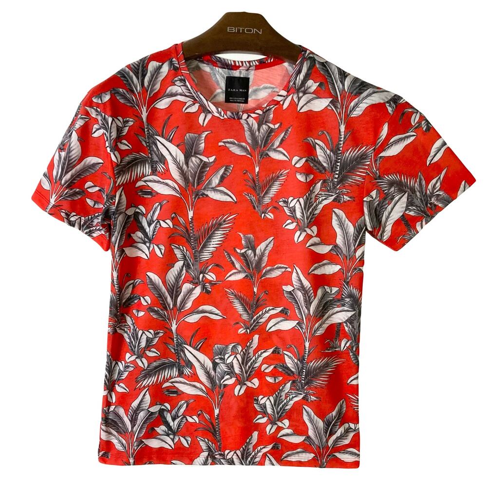 NWOT ZARA Tshirt Men S Red Grey Leaf/Tropical Short Sleeve